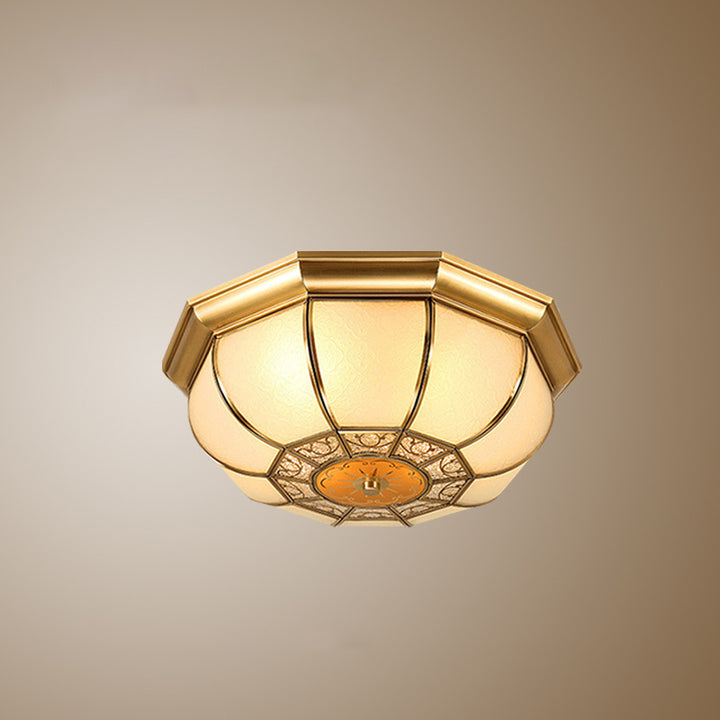 Traditional European Copper Printed Glass Round Petal 3/4/6 Light Flush Mount Ceiling Light For Bedroom
