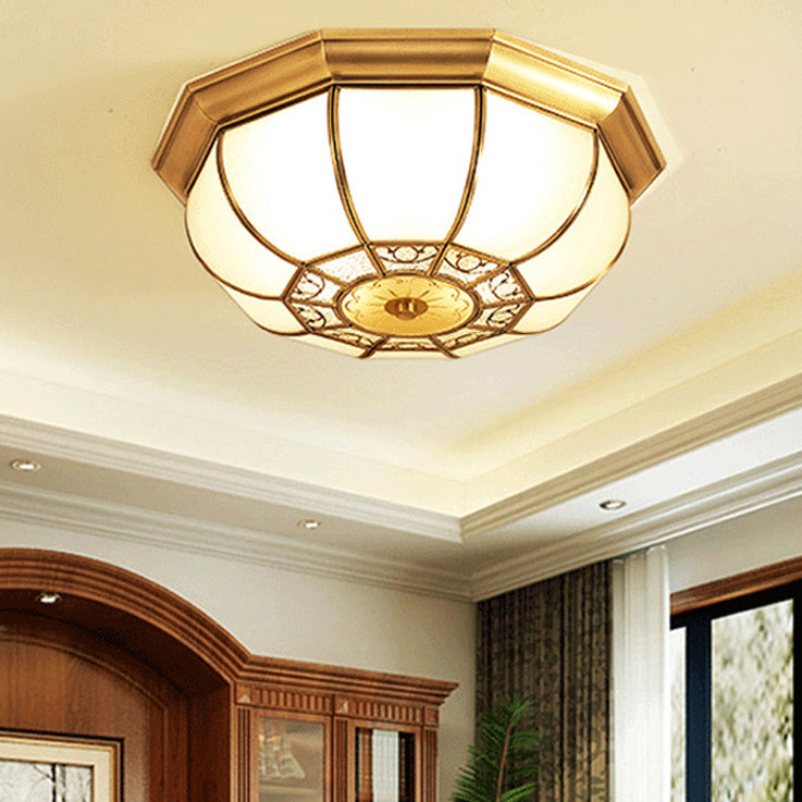 Traditional European Copper Printed Glass Round Petal 3/4/6 Light Flush Mount Ceiling Light For Bedroom