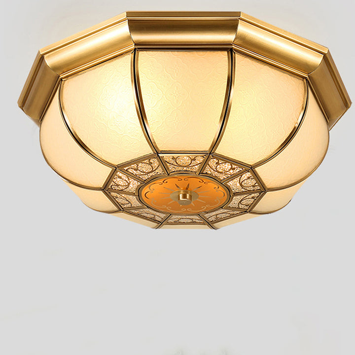 Traditional European Copper Printed Glass Round Petal 3/4/6 Light Flush Mount Ceiling Light For Bedroom
