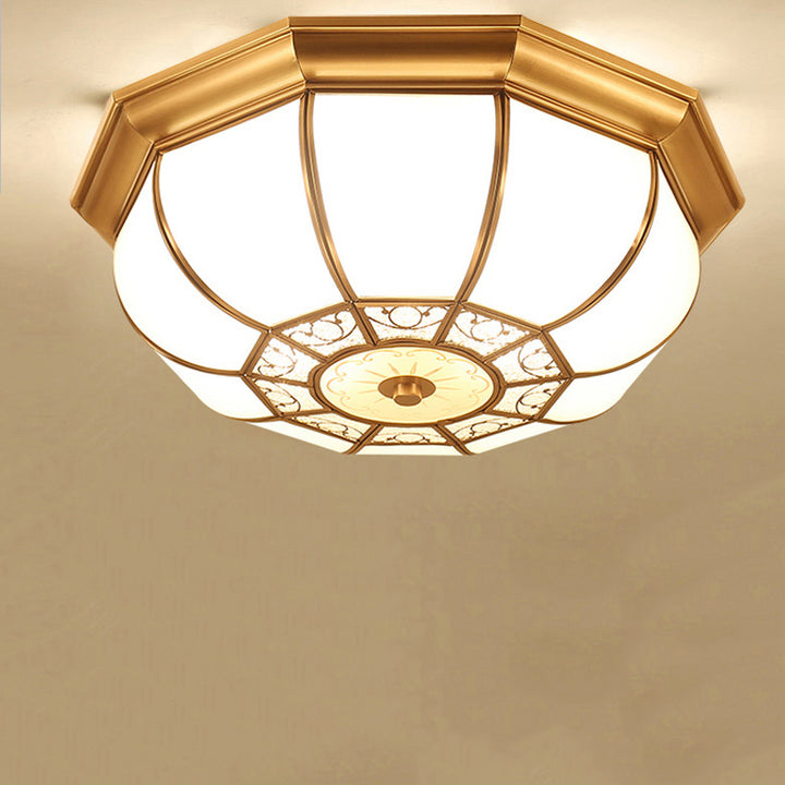 Traditional European Copper Printed Glass Round Petal 3/4/6 Light Flush Mount Ceiling Light For Bedroom