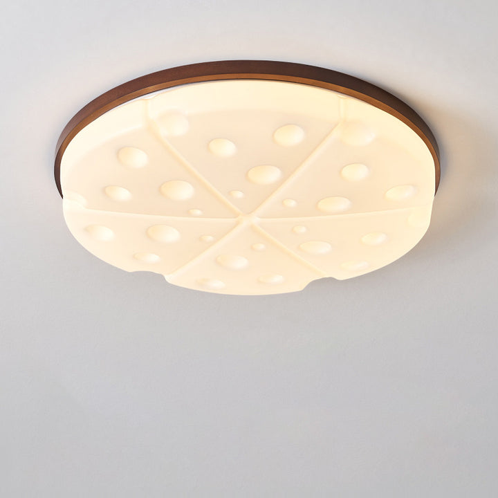 Contemporary Creative Rubber Wood Iron PVC Round Cheese LED Flush Mount Ceiling Light For Bedroom