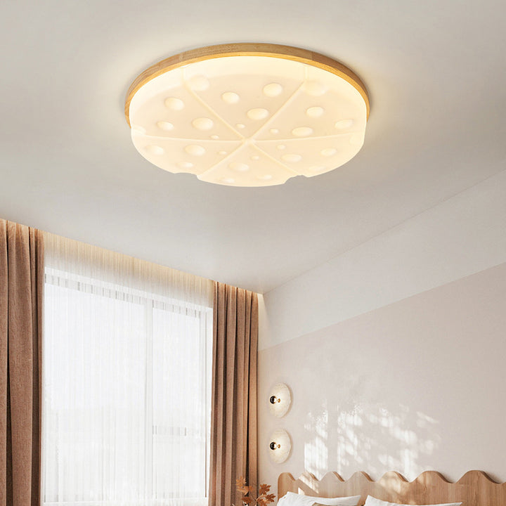 Contemporary Creative Rubber Wood Iron PVC Round Cheese LED Flush Mount Ceiling Light For Bedroom