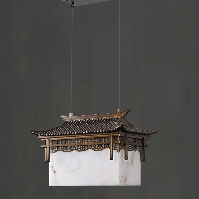 Traditional Chinese Metal Resin Imitation Marble Antique Attic Pavilion Spotlight 2-Light Chandeliers For Dining Room