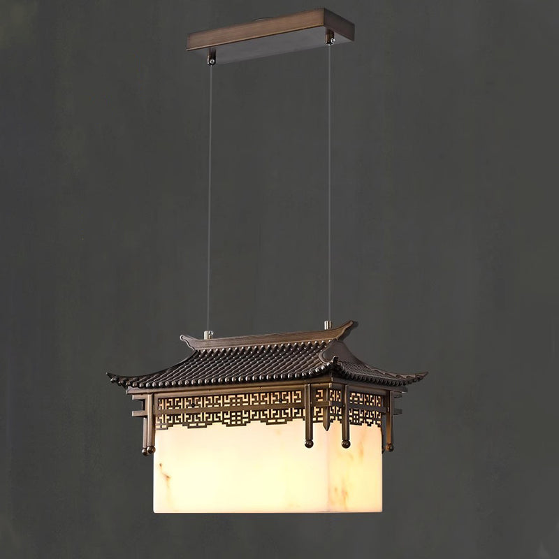 Traditional Chinese Metal Resin Imitation Marble Antique Attic Pavilion Spotlight 2-Light Chandeliers For Dining Room