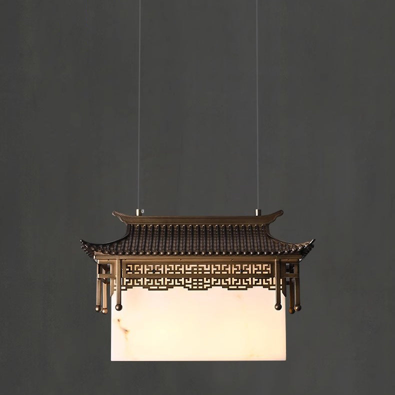 Traditional Chinese Metal Resin Imitation Marble Antique Attic Pavilion Spotlight 2-Light Chandeliers For Dining Room