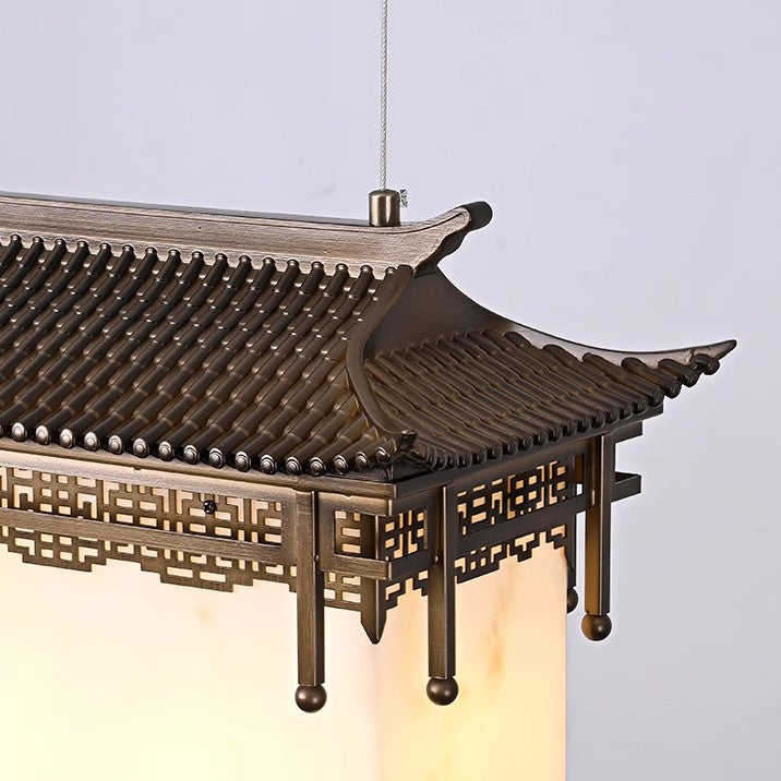 Traditional Chinese Metal Resin Imitation Marble Antique Attic Pavilion Spotlight 2-Light Chandeliers For Dining Room