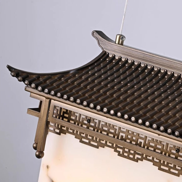 Traditional Chinese Metal Resin Imitation Marble Antique Attic Pavilion Spotlight 2-Light Chandeliers For Dining Room