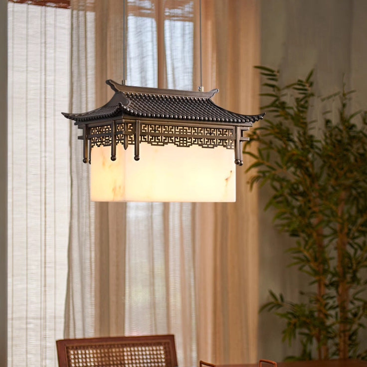 Traditional Chinese Metal Resin Imitation Marble Antique Attic Pavilion Spotlight 2-Light Chandeliers For Dining Room