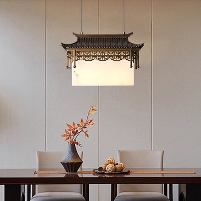 Traditional Chinese Metal Resin Imitation Marble Antique Attic Pavilion Spotlight 2-Light Chandeliers For Dining Room