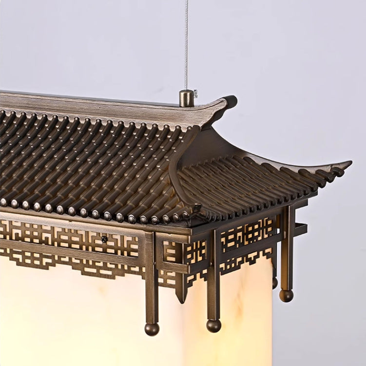 Traditional Chinese Metal Resin Imitation Marble Antique Attic Pavilion Spotlight 2-Light Chandeliers For Dining Room