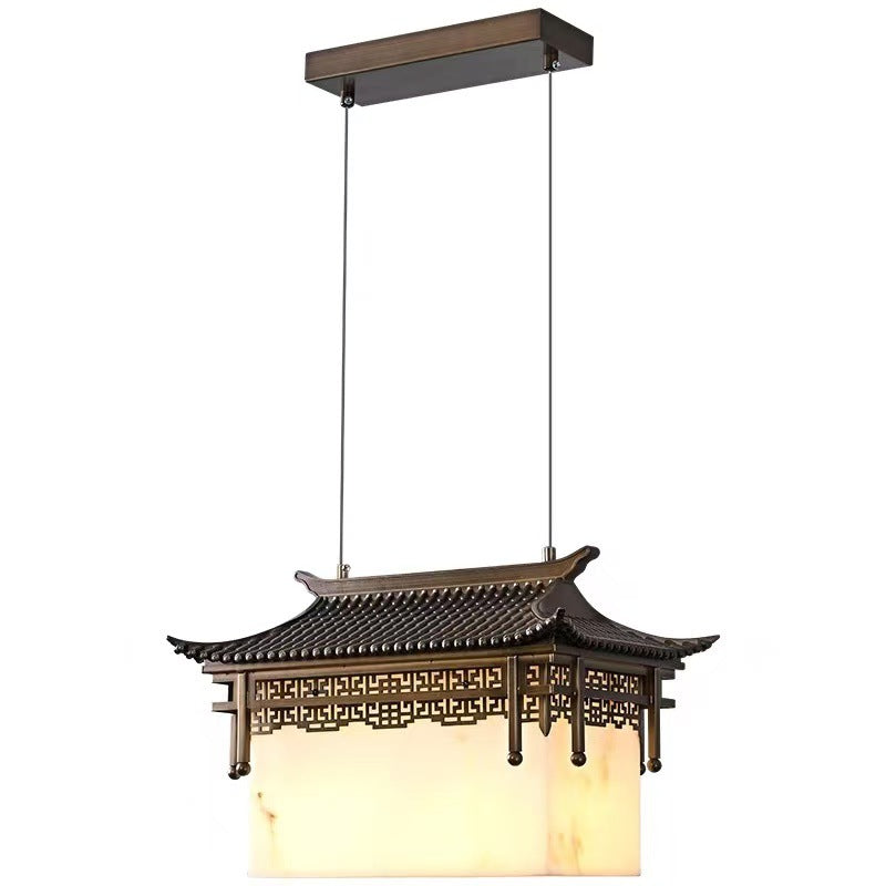 Traditional Chinese Metal Resin Imitation Marble Antique Attic Pavilion Spotlight 2-Light Chandeliers For Dining Room