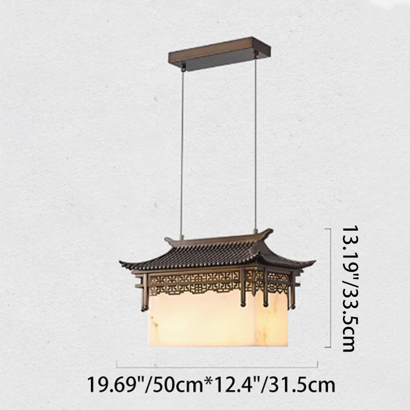 Traditional Chinese Metal Resin Imitation Marble Antique Attic Pavilion Spotlight 2-Light Chandeliers For Dining Room