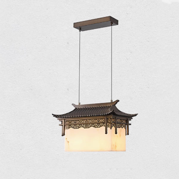 Traditional Chinese Metal Resin Imitation Marble Antique Attic Pavilion Spotlight 2-Light Chandeliers For Dining Room
