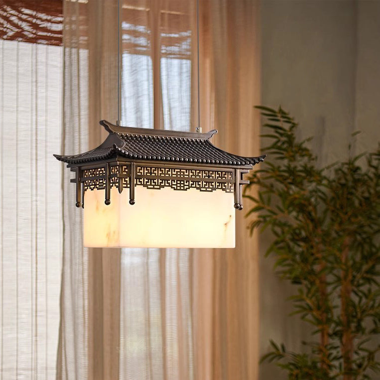 Traditional Chinese Metal Resin Imitation Marble Antique Attic Pavilion Spotlight 2-Light Chandeliers For Dining Room