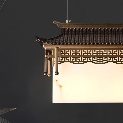 Traditional Chinese Metal Resin Imitation Marble Antique Attic Pavilion Spotlight 2-Light Chandeliers For Dining Room