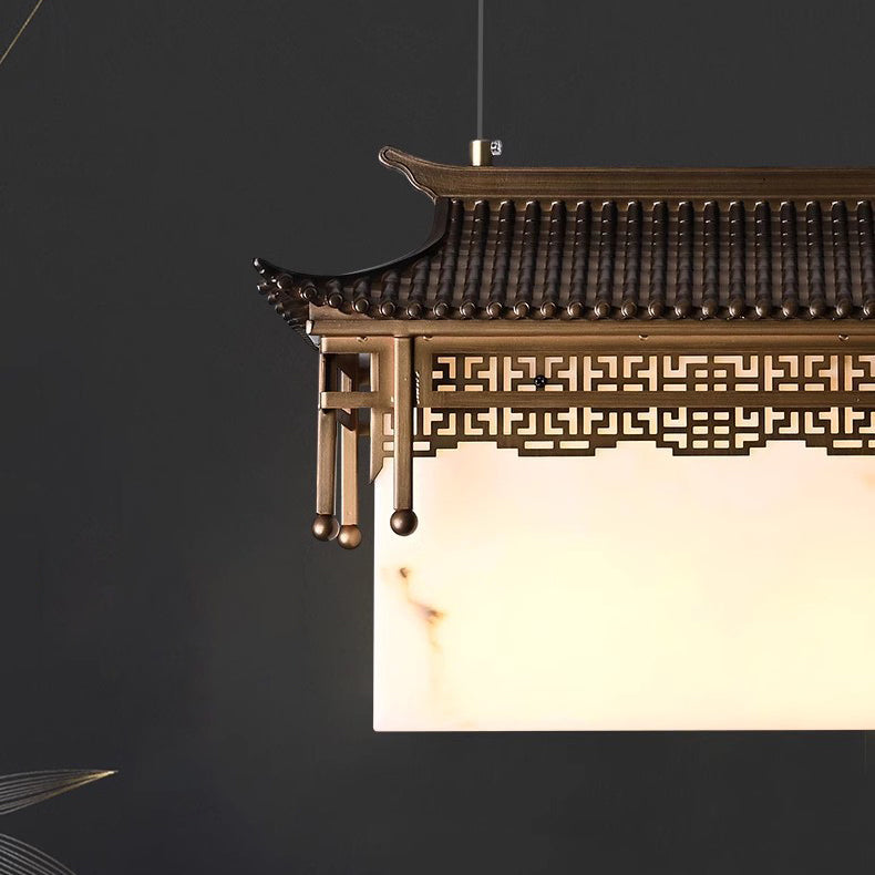 Traditional Chinese Metal Resin Imitation Marble Antique Attic Pavilion Spotlight 2-Light Chandeliers For Dining Room