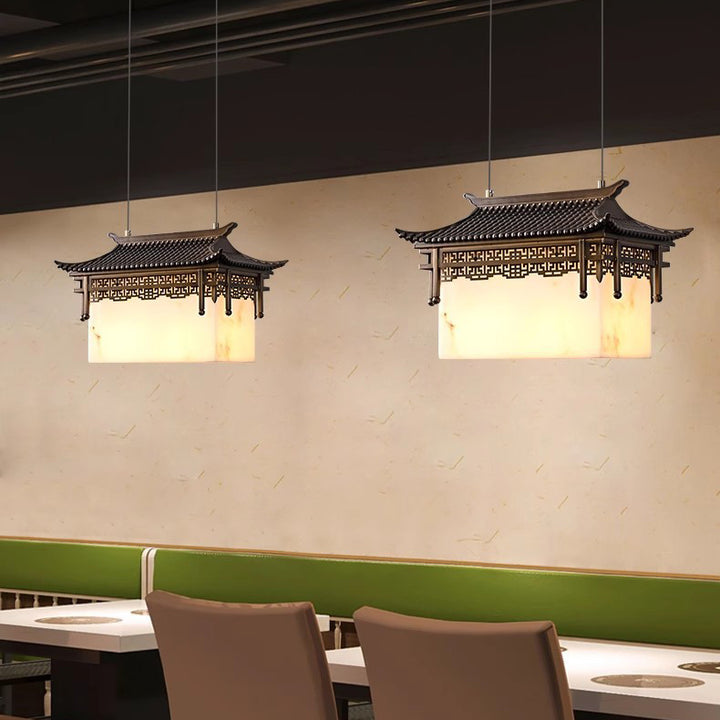 Traditioneller chinesischer Metallharz-Imitat-Marmor-Antik-Dachboden-Pavillon-Spotlight 2-Licht-Kronleuchter für Esszimmer 