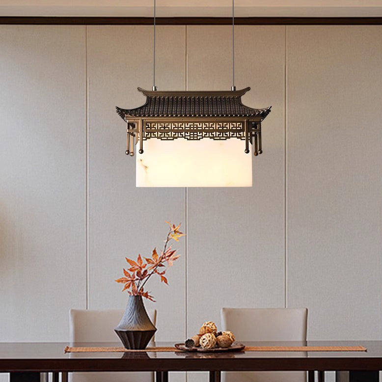 Traditional Chinese Metal Resin Imitation Marble Antique Attic Pavilion Spotlight 2-Light Chandeliers For Dining Room