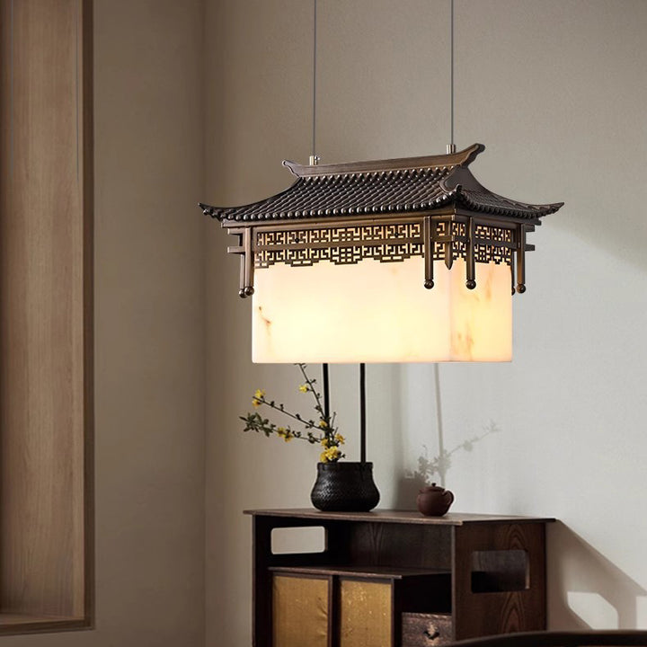 Traditioneller chinesischer Metallharz-Imitat-Marmor-Antik-Dachboden-Pavillon-Spotlight 2-Licht-Kronleuchter für Esszimmer 