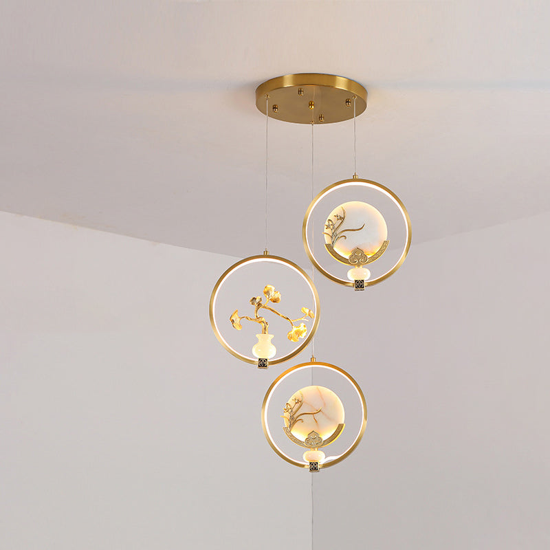 Traditional Chinese Copper Marble Acrylic Circle Gourd Flower Leaf Animal LED Chandeliers For Hallway