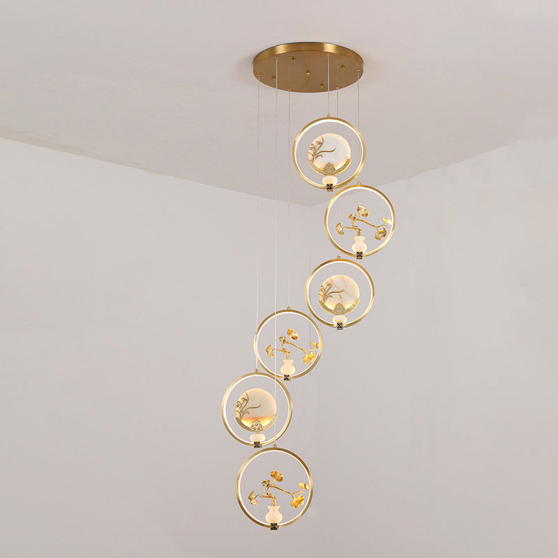 Traditional Chinese Copper Marble Acrylic Circle Gourd Flower Leaf Animal LED Chandeliers For Hallway