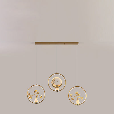 Traditional Chinese Copper Marble Acrylic Circle Gourd Flower Leaf Animal LED Chandeliers For Hallway
