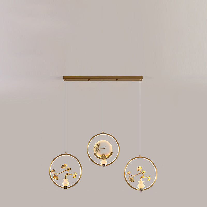 Traditional Chinese Copper Marble Acrylic Circle Gourd Flower Leaf Animal LED Chandeliers For Hallway