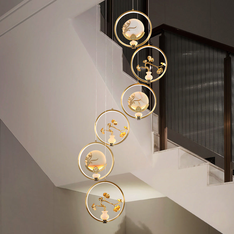 Traditional Chinese Copper Marble Acrylic Circle Gourd Flower Leaf Animal LED Chandeliers For Hallway