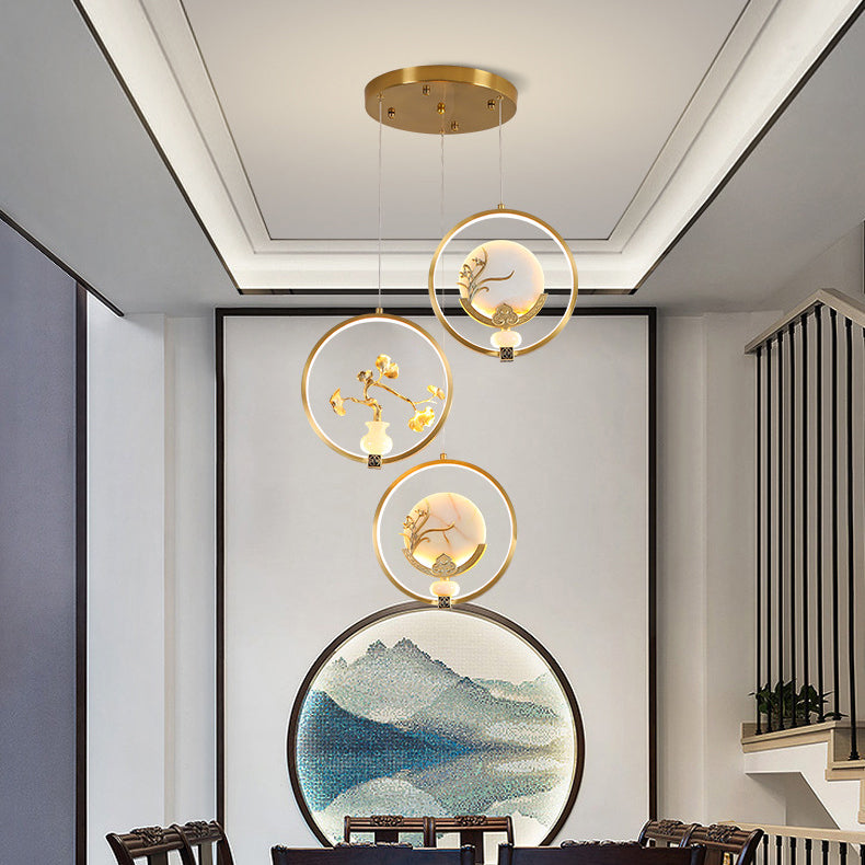 Traditional Chinese Copper Marble Acrylic Circle Gourd Flower Leaf Animal LED Chandeliers For Hallway