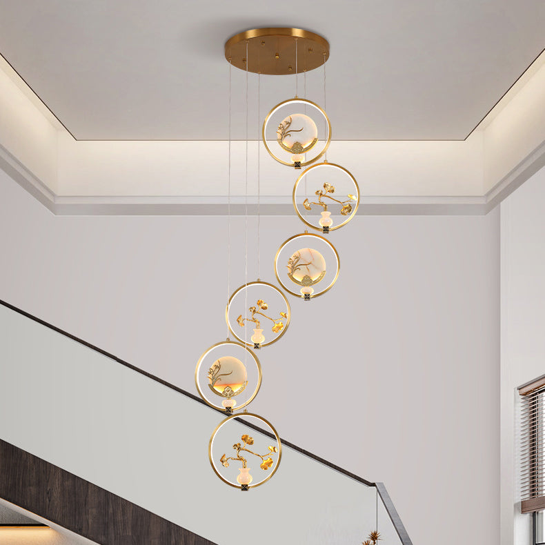 Traditional Chinese Copper Marble Acrylic Circle Gourd Flower Leaf Animal LED Chandeliers For Hallway