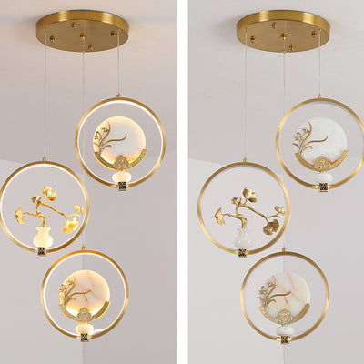 Traditional Chinese Copper Marble Acrylic Circle Gourd Flower Leaf Animal LED Chandeliers For Hallway