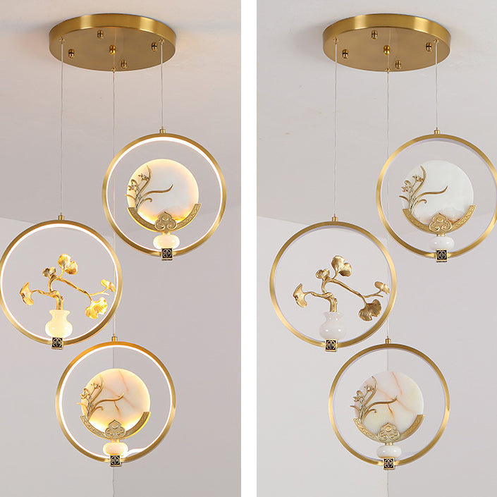 Traditional Chinese Copper Marble Acrylic Circle Gourd Flower Leaf Animal LED Chandeliers For Hallway