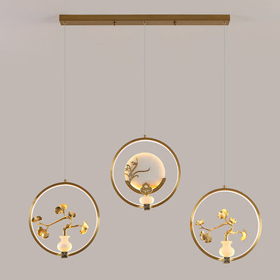 Traditional Chinese Copper Marble Acrylic Circle Gourd Flower Leaf Animal LED Chandeliers For Hallway