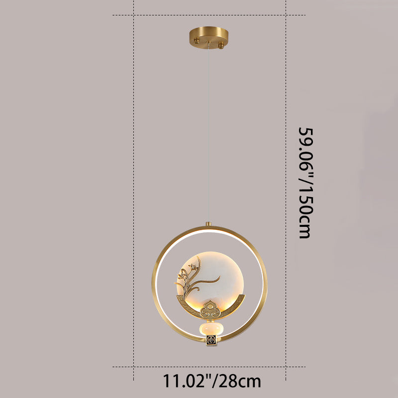 Traditional Chinese Copper Marble Acrylic Circle Gourd Flower Leaf Animal LED Chandeliers For Hallway