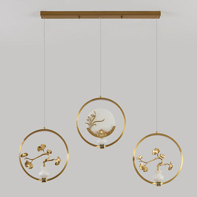 Traditional Chinese Copper Marble Acrylic Circle Gourd Flower Leaf Animal LED Chandeliers For Hallway