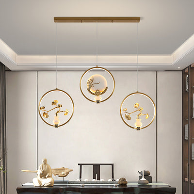 Traditional Chinese Copper Marble Acrylic Circle Gourd Flower Leaf Animal LED Chandeliers For Hallway