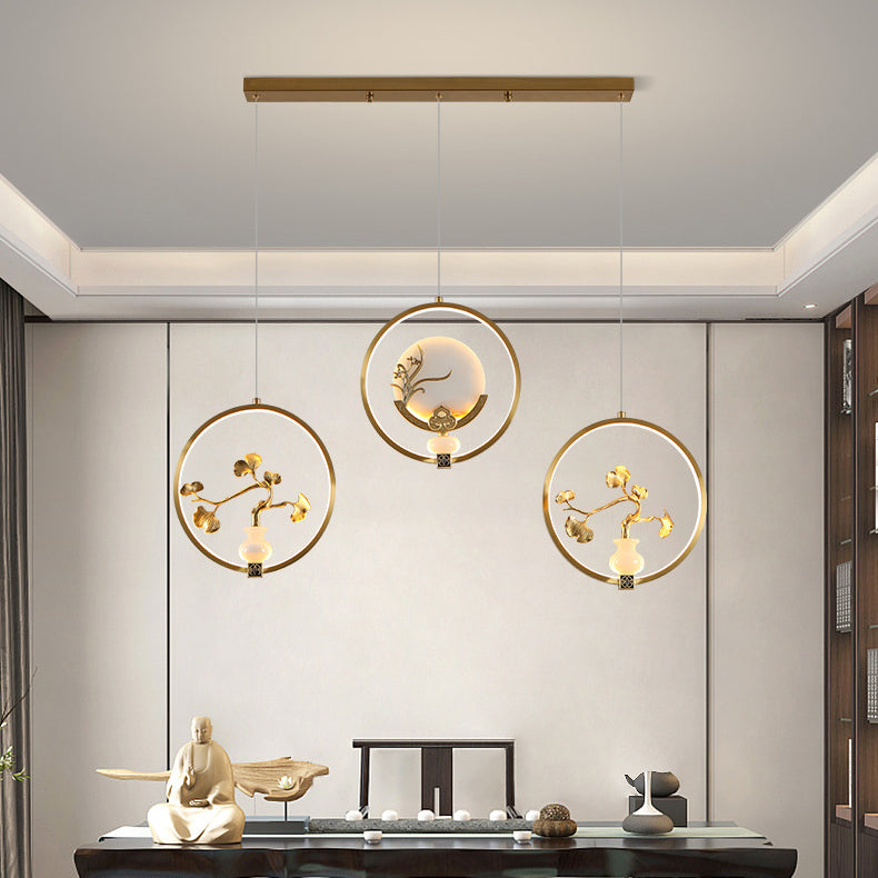 Traditional Chinese Copper Marble Acrylic Circle Gourd Flower Leaf Animal LED Chandeliers For Hallway