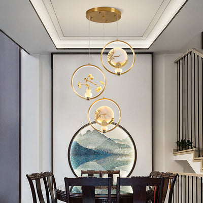 Traditional Chinese Copper Marble Acrylic Circle Gourd Flower Leaf Animal LED Chandeliers For Hallway