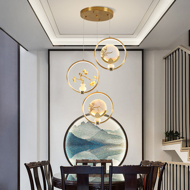Traditional Chinese Copper Marble Acrylic Circle Gourd Flower Leaf Animal LED Chandeliers For Hallway