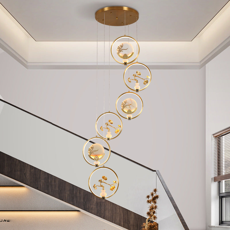 Traditional Chinese Copper Marble Acrylic Circle Gourd Flower Leaf Animal LED Chandeliers For Hallway