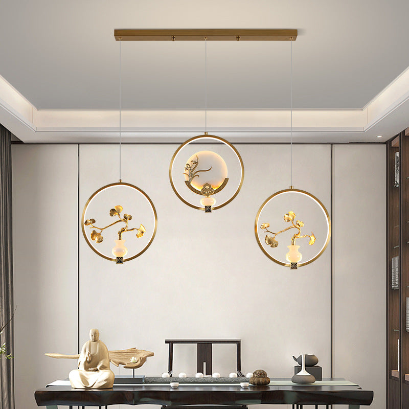 Traditional Chinese Copper Marble Acrylic Circle Gourd Flower Leaf Animal LED Chandeliers For Hallway