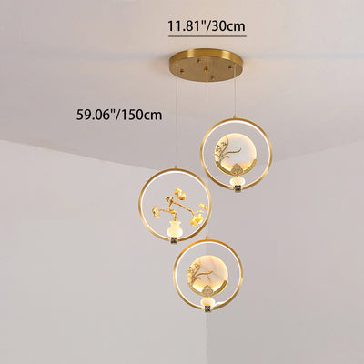 Traditional Chinese Copper Marble Acrylic Circle Gourd Flower Leaf Animal LED Chandeliers For Hallway