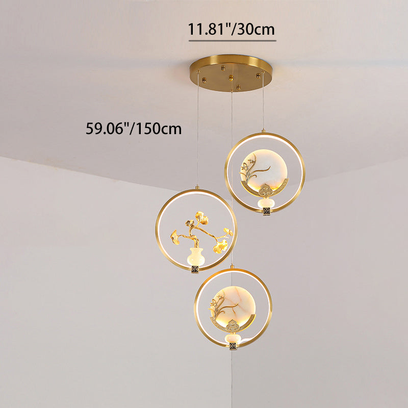 Traditional Chinese Copper Marble Acrylic Circle Gourd Flower Leaf Animal LED Chandeliers For Hallway
