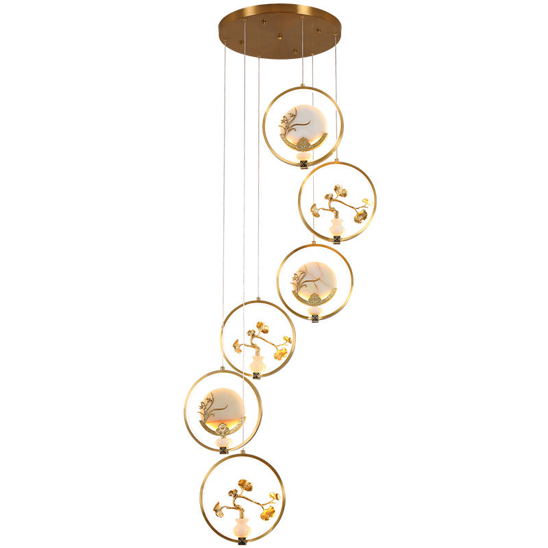 Traditional Chinese Copper Marble Acrylic Circle Gourd Flower Leaf Animal LED Chandeliers For Hallway