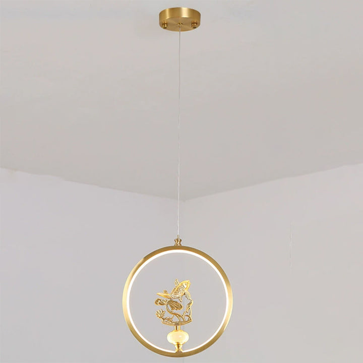 Traditionelle chinesische Kupfer-Marmor-Acryl-Kreis-Kürbis-Blatt-Tier-LED-Kronleuchter für den Flur 