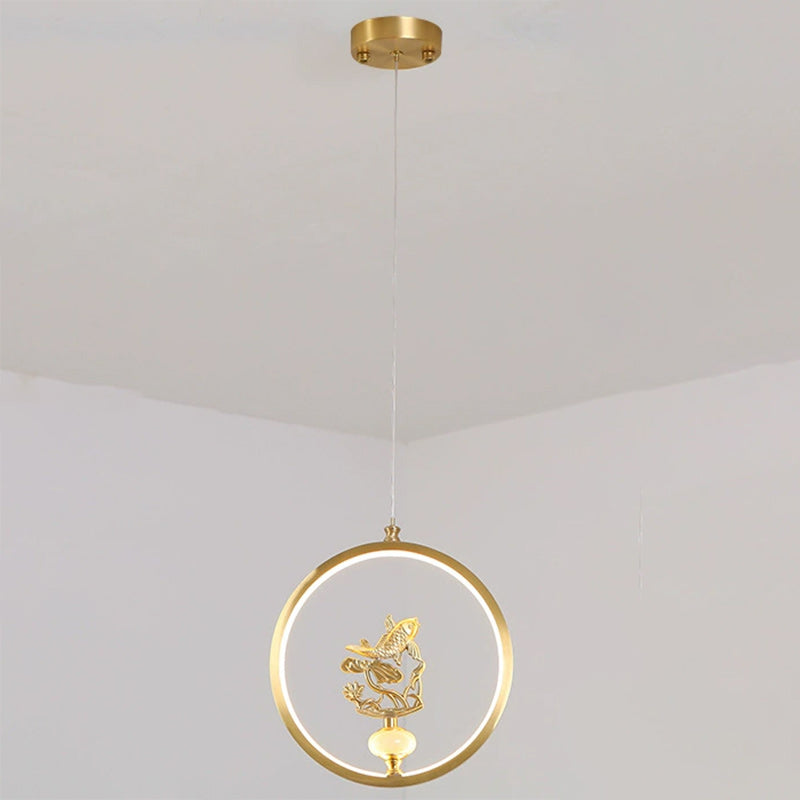 Traditional Chinese Copper Marble Acrylic Circle Gourd Flower Leaf Animal LED Chandeliers For Hallway
