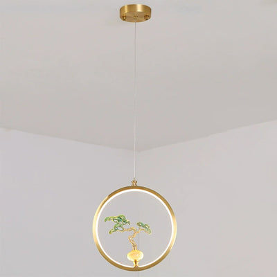 Traditional Chinese Copper Marble Acrylic Circle Gourd Flower Leaf Animal LED Chandeliers For Hallway