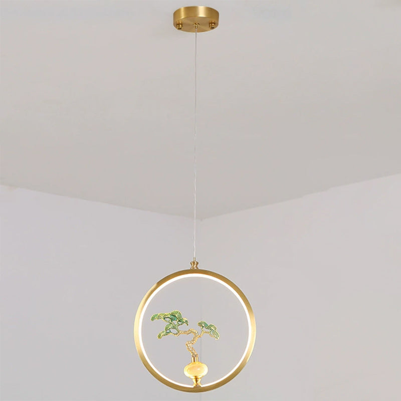 Traditional Chinese Copper Marble Acrylic Circle Gourd Flower Leaf Animal LED Chandeliers For Hallway