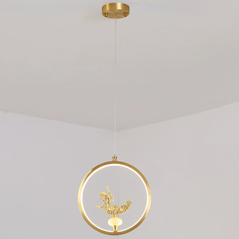Traditional Chinese Copper Marble Acrylic Circle Gourd Flower Leaf Animal LED Chandeliers For Hallway