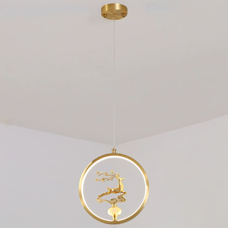 Traditionelle chinesische Kupfer-Marmor-Acryl-Kreis-Kürbis-Blatt-Tier-LED-Kronleuchter für den Flur 